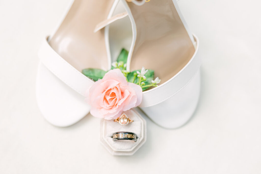 Wedding Flat Lay with shoes and wedding rings.